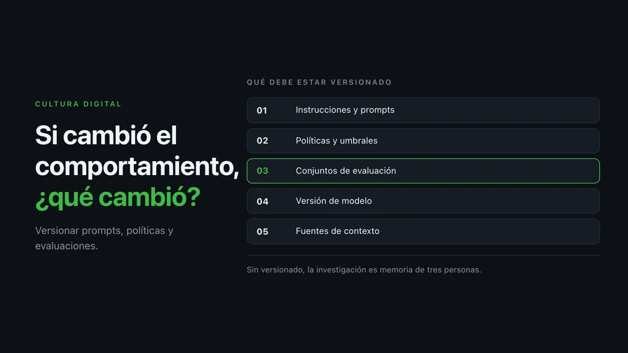 Si cambió el comportamiento, ¿qué cambió? Versionar prompts, políticas y evaluaciones
